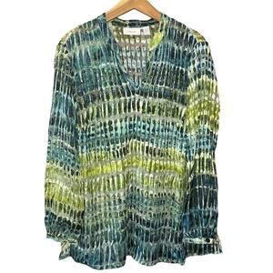Chico’s Size 2 Large Sheer Art to Wear Whimsical Green Ombre Split Neck Blouse L